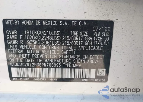 2023 Honda Hr-V Awd Lx from USA, damaged, VIN 3CZRZ2H36PM706995